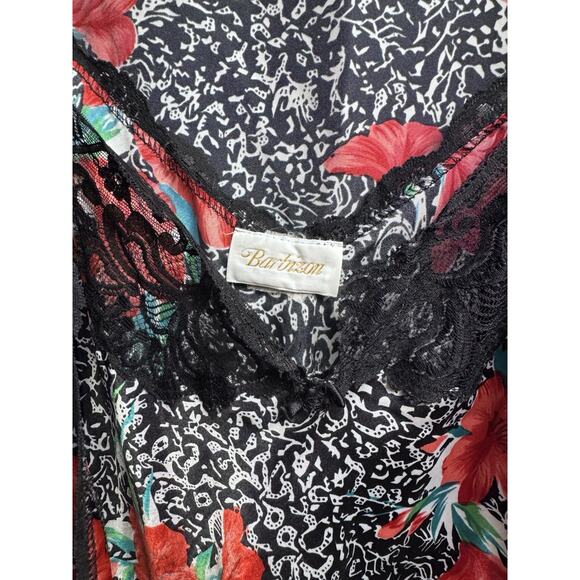 VTG Barbizon Floral Satin Short Robe Kimono Style Belted *fits like Med RED BLK - Picture 3 of 7
